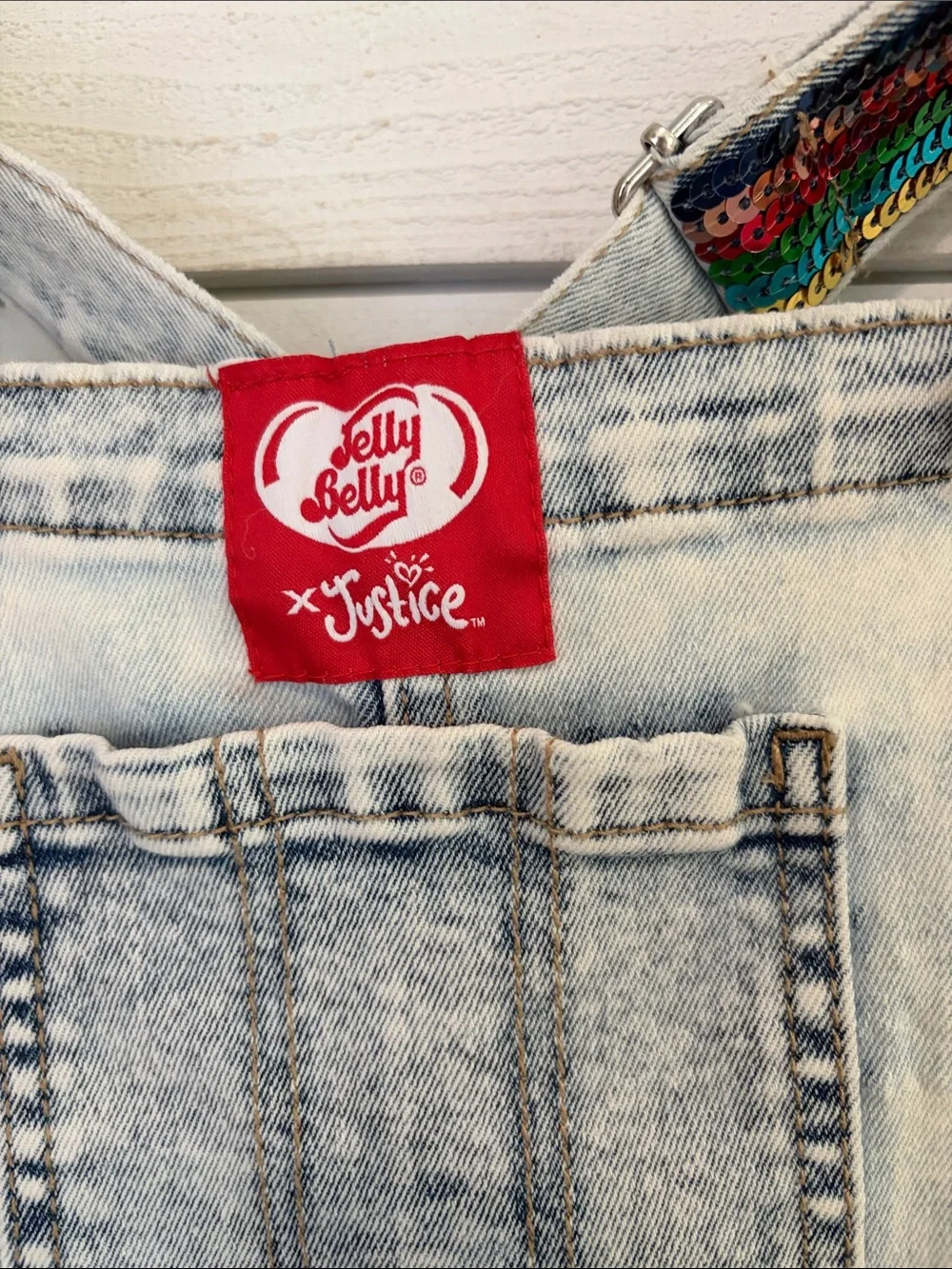 Justice x Jelly Belly sugar and stripe girls denim shortalls size 12